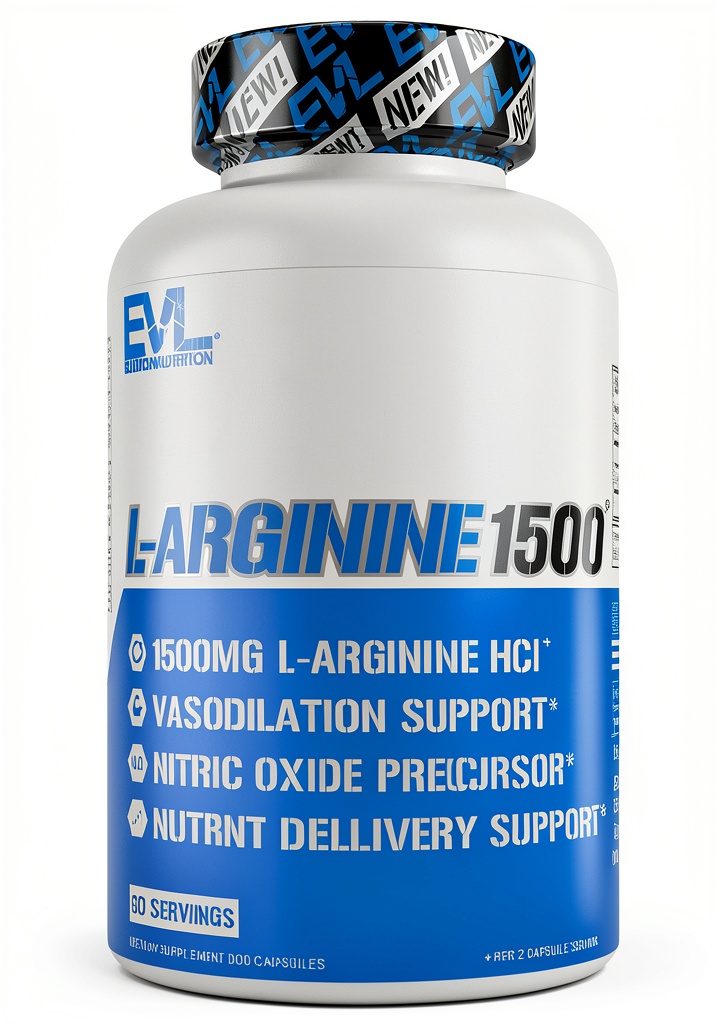 Evlution L-Arginine 1500mg capsules beside water bottle and workout gloves