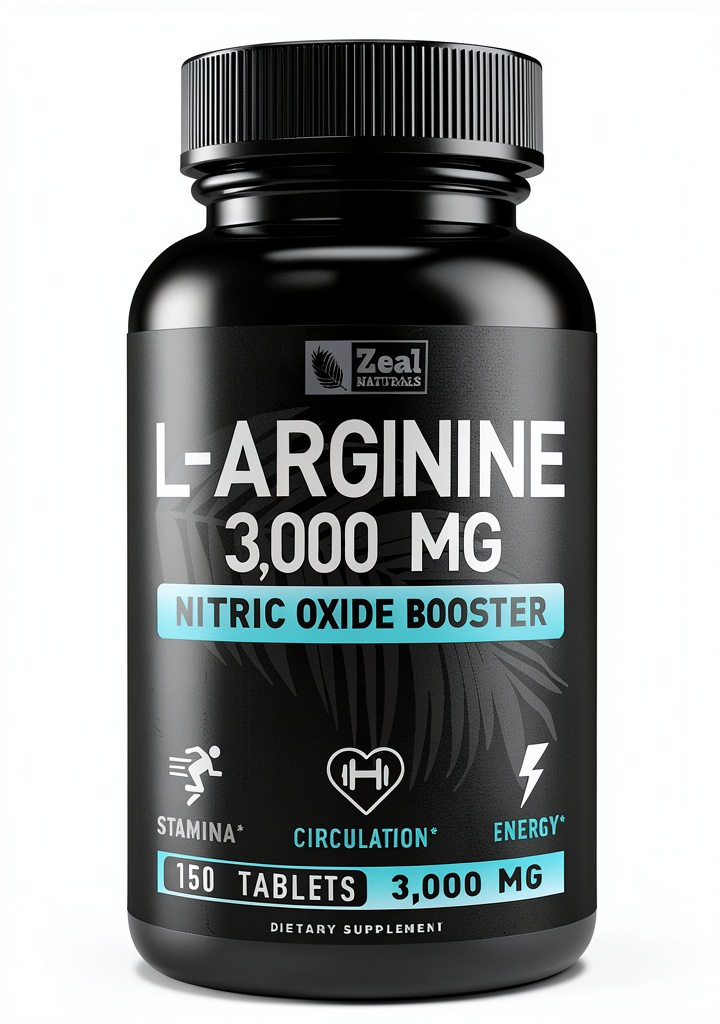 Zeal Naturals L Arginine 3000mg Nitric Oxide Supplement bottle on a gym bench with dumbbells