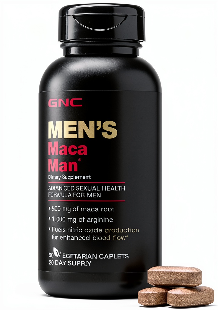 GNC Men's Maca Man supplement bottle and ingredients label