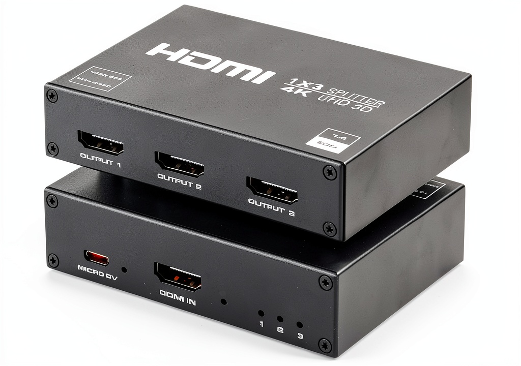 ENBUER HDMI Splitter connected to three displays in a living room setup